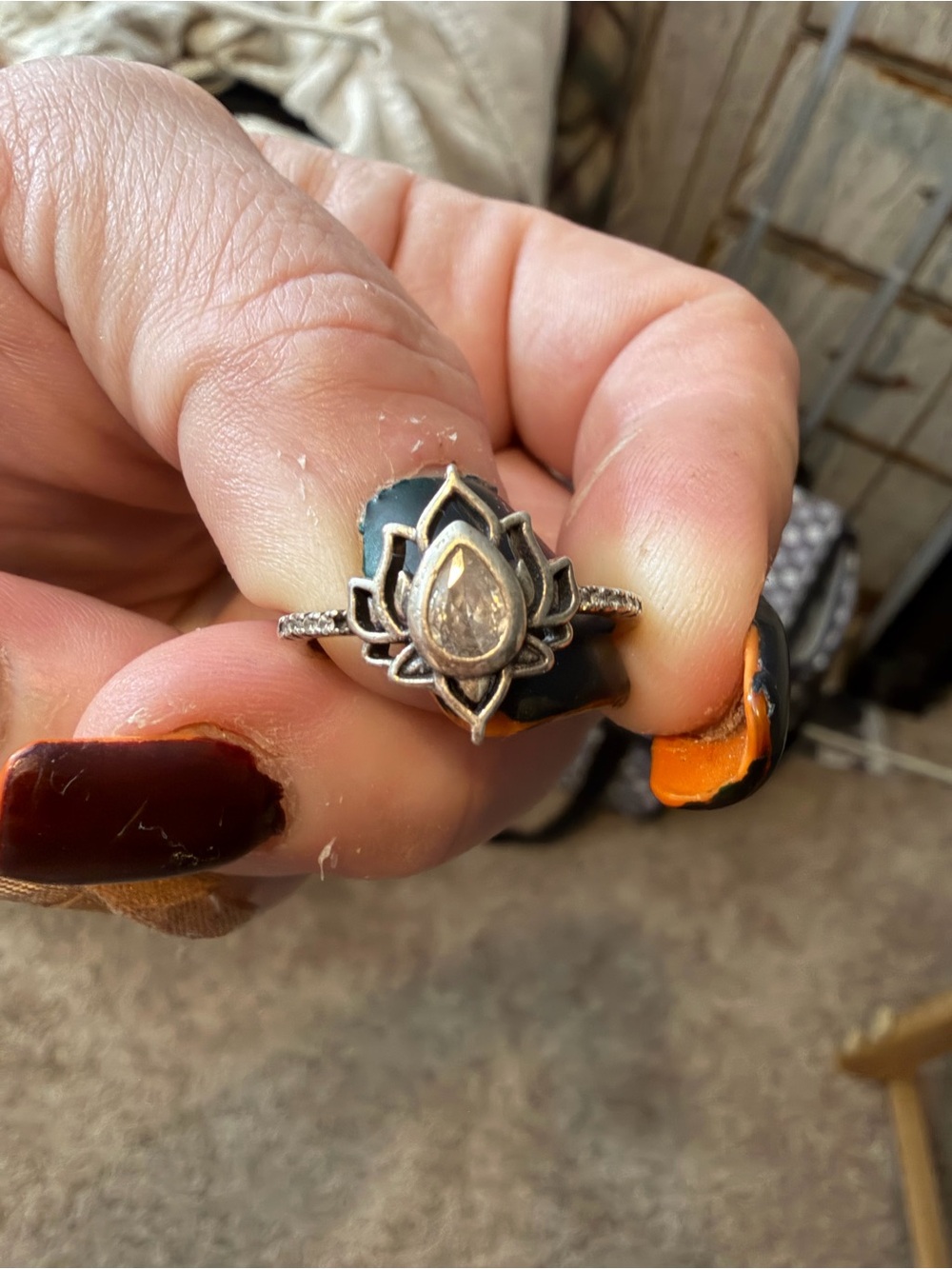 Sterling Silver Lotus Teardrop Ring with Clear Stone - Silver F**k trauma inside